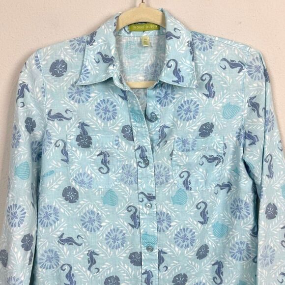 Sigrid Olsen Linen Button Up Blue Seahorse Shirt XS - Picture 2 of 9